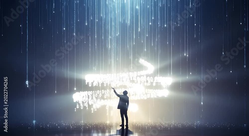 Silhouette of man reaching for floating digit zero in digital space.