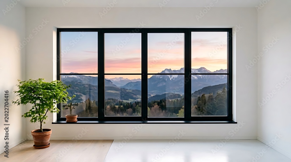 Fototapeta premium Spacious modern interior with a large window overlooking a majestic mountain landscape at sunset