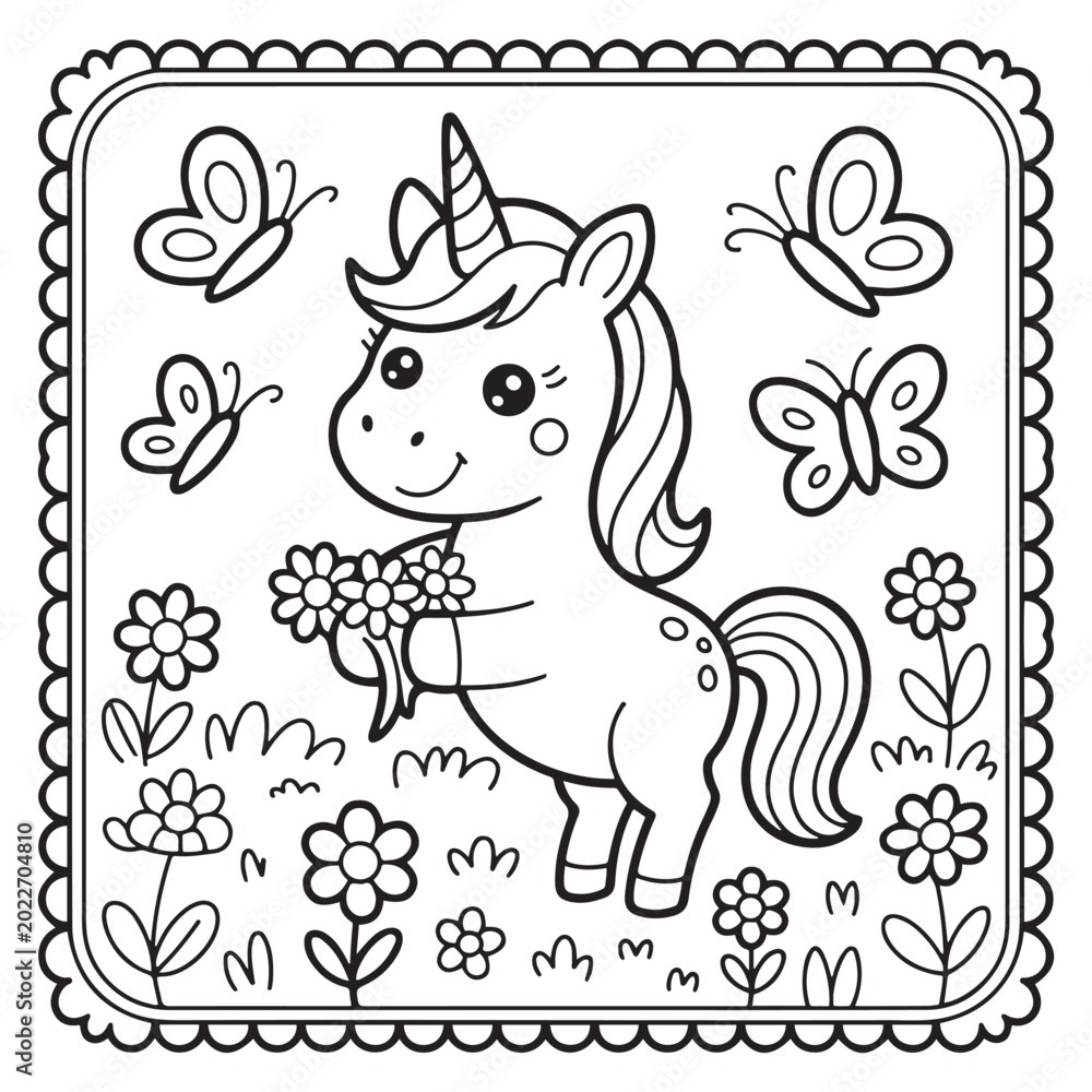 Obraz premium Unicorn bold and easy coloring page. Line art illustration.