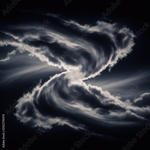 Dynamic storm clouds swirling in a dramatic spiral formation create an intense atmospheric visual effect in this high contrast monochrome photograph capturing the raw power and movement of natural wea