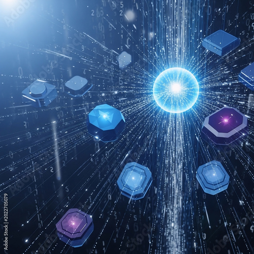 Abstract digital representation of data particles floating in a luminous blue energy field creating a dynamic visual effect in this high quality conceptual photograph showing advanced modern computing