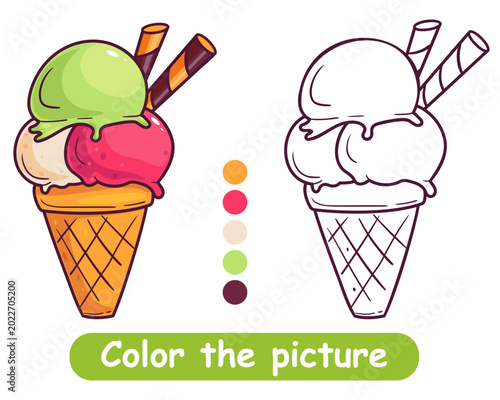 Educational coloring page for children featuring a tasty ice cream cone with scoops and waffle sticks. Includes color palette and contour outline. Ideal for preschool activity and learning