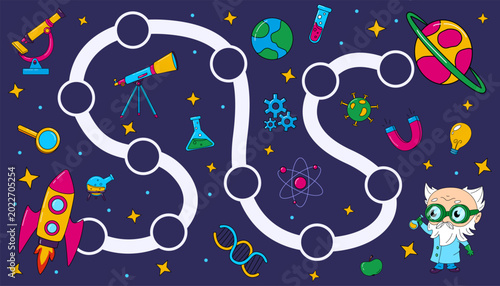 Space maze educational game with rocket, planet, telescope and scientist. Printable STEM worksheet for preschool and kindergarten children to develop logic, attention and problem solving skills