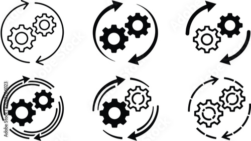 Картината върху платно Process automation gear icon variations with circular arrows showing workflow up