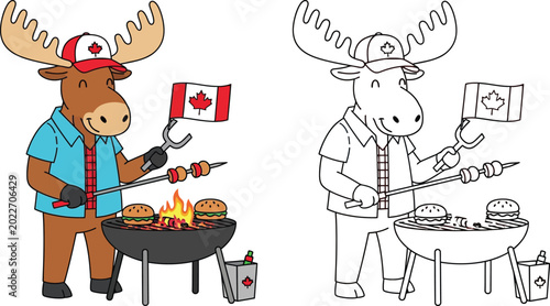 Cute Cartoon Moose Grilling BBQ with Canadian Flag and Maple Leaf Cap Coloring Page and Vector Illustration for Kids