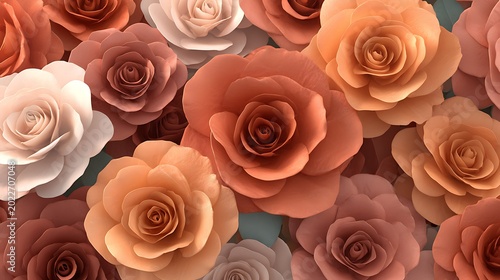 Paper craft roses in shades of peach orange and cream arranged in a dense floral wall