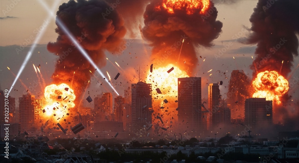 Fototapeta premium Massive explosions across city skyline during intense military air attack. Urban destruction and fire in metropolis. Global conflict and war crisis concept. Disaster and destruction impact.