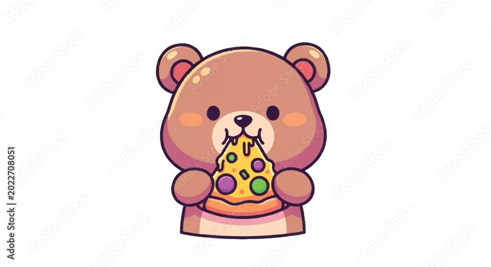 Fototapeta premium Cute Bear Eating Pizza Slice Cartoon Illustration.