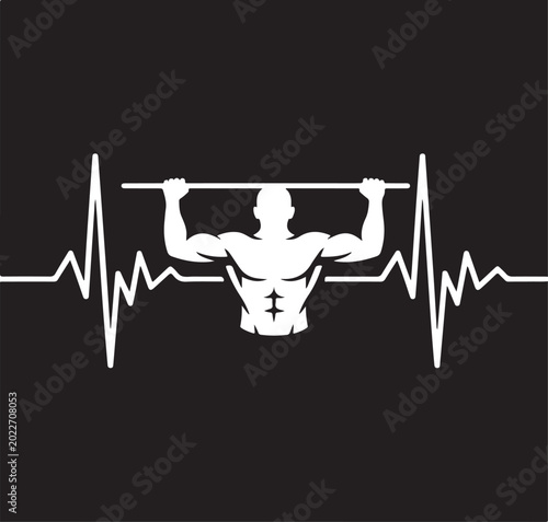 Bodybuilding silhouette with heartbeat line vector, muscular man lifting barbell on black background, fitness gym logo and workout pulse icon