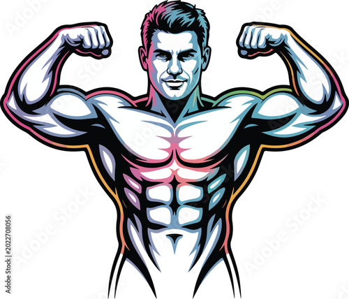 Muscular bodybuilder flexing biceps vector illustration, athletic man showing strong physique, fitness gym mascot with neon lighting effects