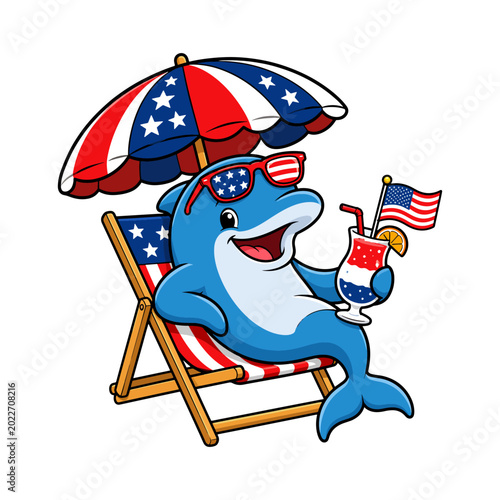 Patriotic Dolphin Beach Cartoon Illustration
