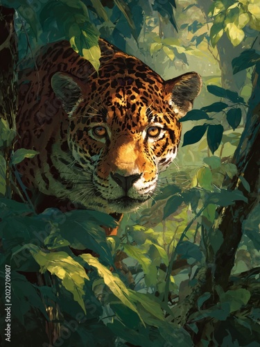 a jaguar in middle of the jungle, digital painting