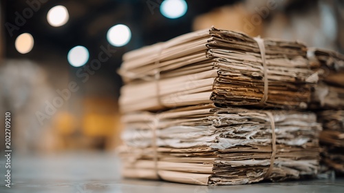 Old newspaper bundles in warehouse with soft lighting and focus on paper texture