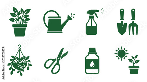 Tableau sur toile Set of green gardening icons featuring tools and plants.