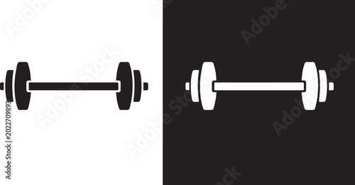 Black and white barbell icon, isolated on white and black  background. Weight-lifting symbol. Sport equipment. Vector illustration.