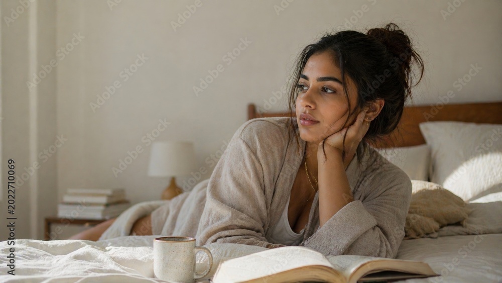 Naklejka premium Thoughtful woman reading in cozy bedroom