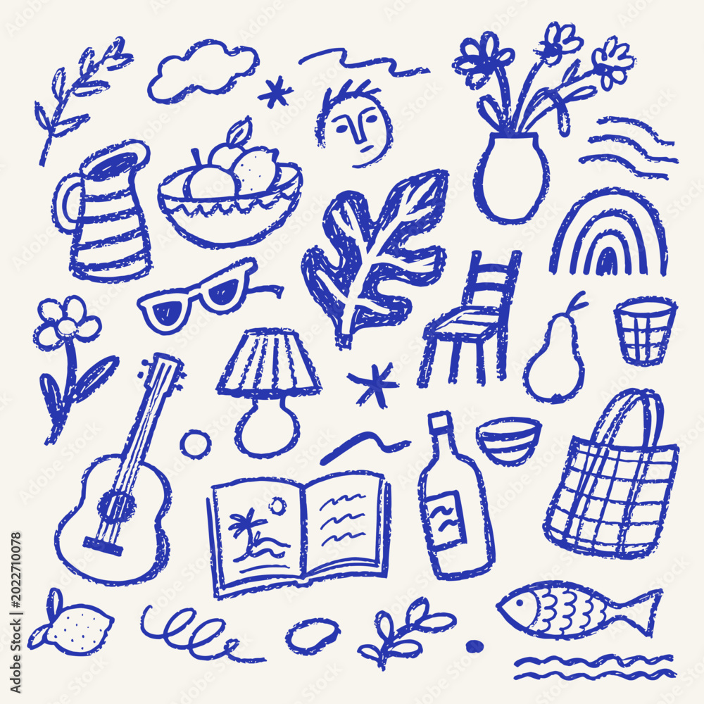 Fototapeta premium Blue Crayon Scribble Clipart Set in Naive Artstyle with Mediterranean Travel and Lifestyle Elements
