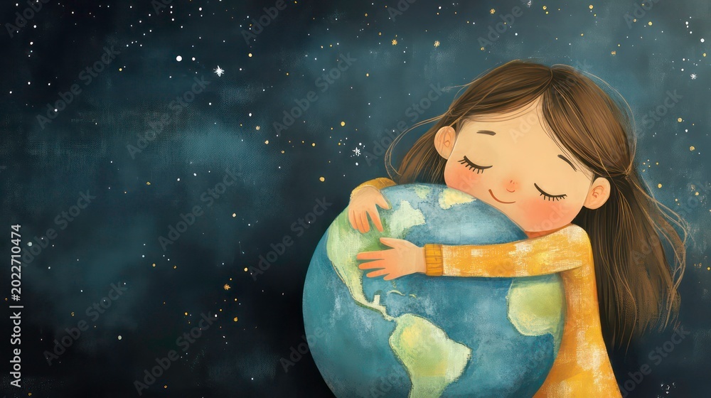 Naklejka premium In a conceptual illustration, a young girl hugs the globe, expressing care and affection for Earth.