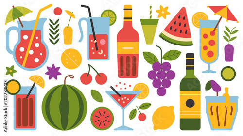 Bild auf Leinwand Colorful summer drinks and fruit illustration with watermelon lemonade and cockt