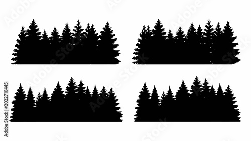 forest silhouette collection with four black tree line shapes on a white background
