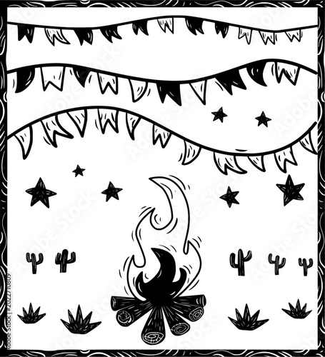 Festa Junina bonfire with flags and stars woodcut style