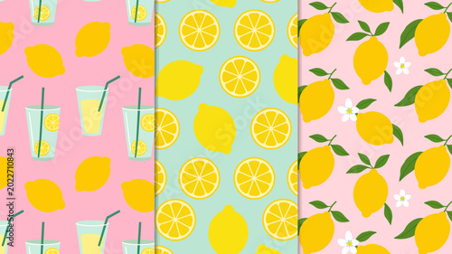 Fotografía lemon pattern set with lemonade fruit slices and floral elements on pastel backg