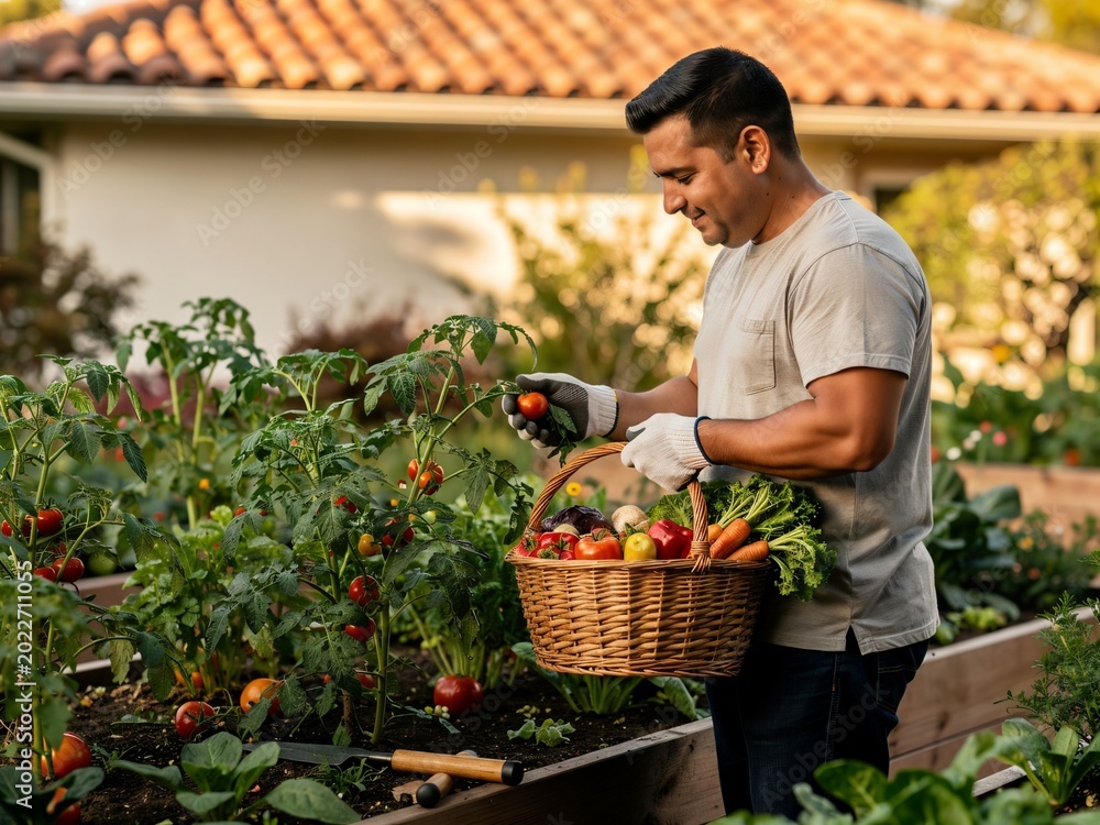 Fototapeta premium Latin American adult harvesting vegetables, sustainable food systems