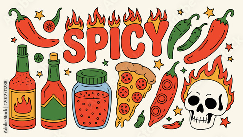 Foto Spicy food illustration with chili peppers hot sauce pizza and skull with flames