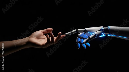 Human and robot hands touching on black background