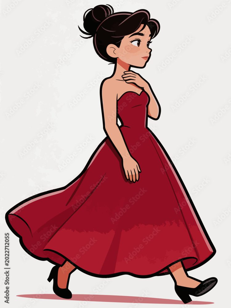 Fototapeta premium This cartoon illustration shows a young woman in a red strapless formal gown walking gracefully, with her hair styled in a bun and wearing black high heels.