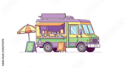 Colorful Food Truck Illustration with Umbrella and Sign.