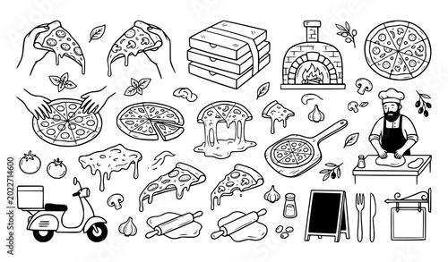 Pizzeria doodle vector set with pizza slices boxes and hands illustration