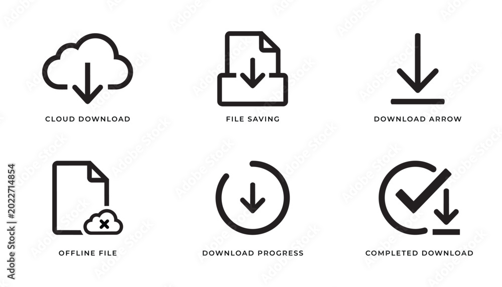 Fototapeta premium Set of 6 Minimalist Download and File Management Icons in Flat Outline Style