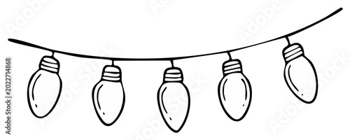 String of hand drawn Christmas lights illustration in black and white