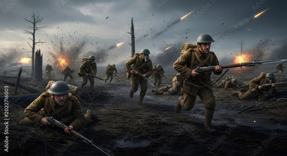 Naklejka premium Soldiers running on battlefield from explosions. Depiction of war for historical education and military concept. Veterans day, memorial day.