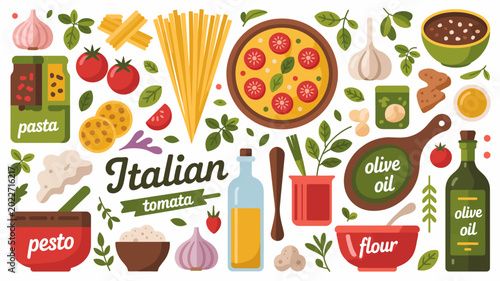 Bild auf Leinwand Italian cuisine illustration with pasta pizza tomatoes and olive oil on a white
