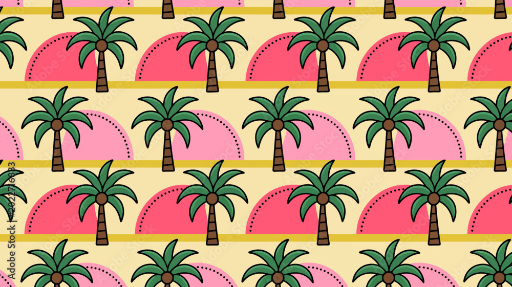 Fototapeta premium tropical palm tree and sunset pattern repeating illustration with yellow and pink tones
