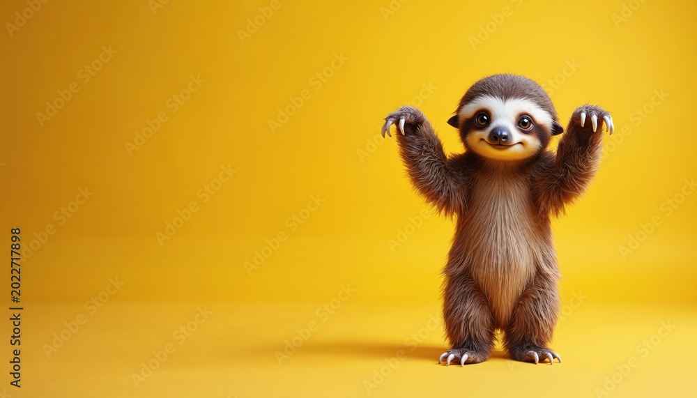 Fototapeta premium Baby sloth stands on hind legs arms raised with happy face on bright yellow studio background. Cute mammal animal looks curious and playful. Its fur is brown and white.