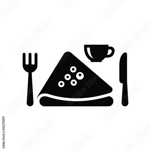 Crepe with berries and coffee cup with fork and knife minimalist vector icon flat design