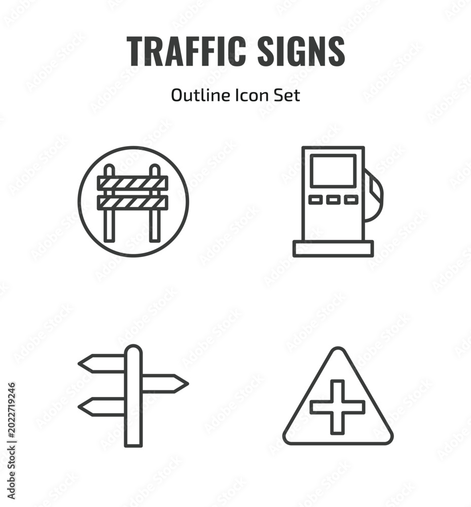 Fototapeta premium traffic signs outline icon set. thin line barrier, gas station, crossroad, intersection icons. editable vector
