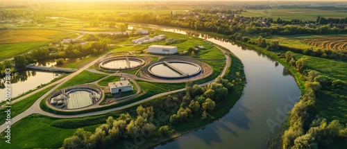 Obraz  z motywem Centrifugal water treatment plant near a river during sunset with buildings and fields in the background