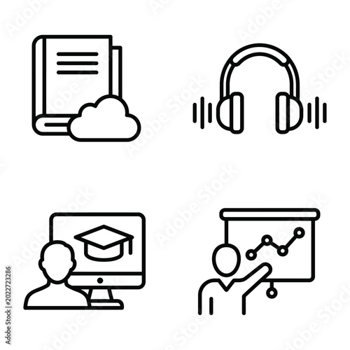 Digital online learning and education vector icon set for e learning and remote study with e graduation cap