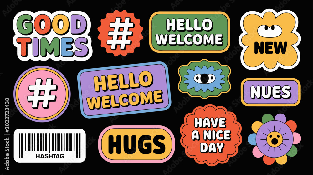 Fototapeta premium Colorful sticker collection with positive messages and playful designs on a black background