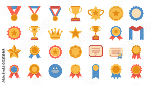Slika na platnu Collection of award icons and symbols in flat style featuring medals stars and c