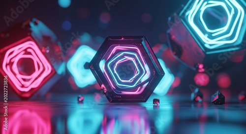 Neon Hexagons - A Futuristic and Abstract Digital Art Composition.