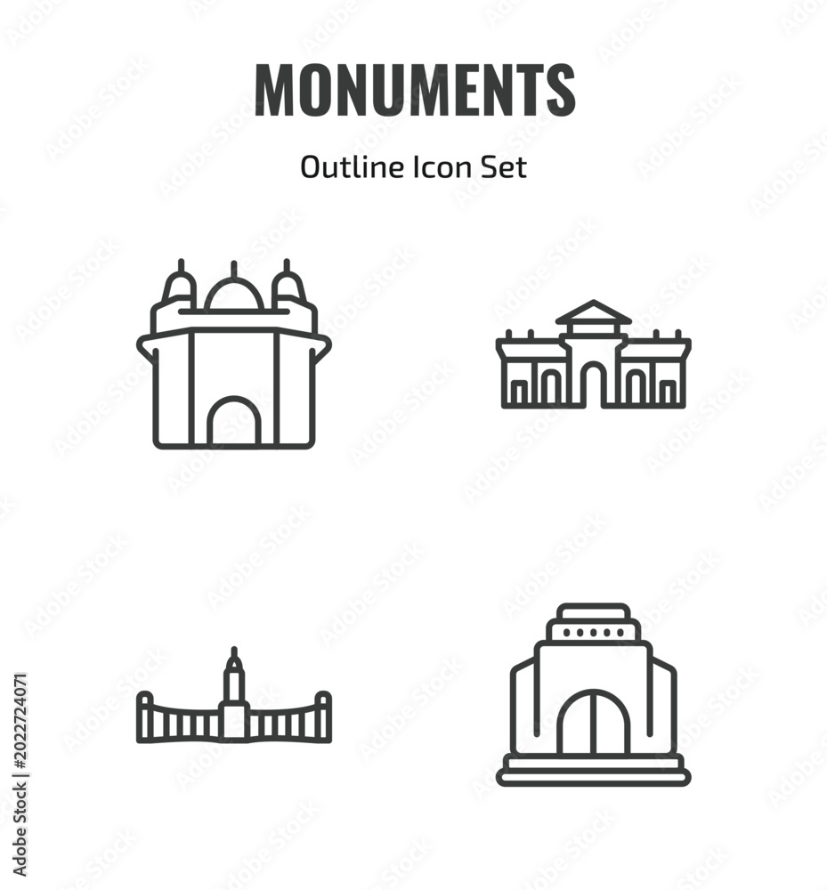 Fototapeta premium monuments outline icon set. thin line amritsar, alcala gate, retiro park, monument site icons. editable vector