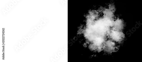 Atmospheric white smoke puff on black background, ethereal steam cloud texture, realistic fog explosion for visual effects and compositing