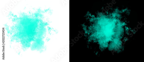 Cyan smoke explosion on white and black background, turquoise ink splash effect, vibrant teal powder burst for creative design overlays