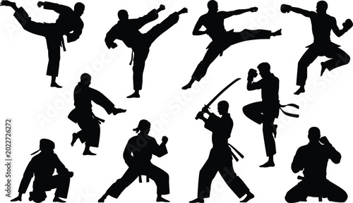 Canvastavla Martial arts silhouettes practicing karate taekwondo kung fu judo aikido kendo s