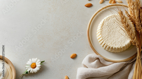 Minimal Shavuot greeting flatlay with cheesecake, wheat, daisy and almonds on light grey background
